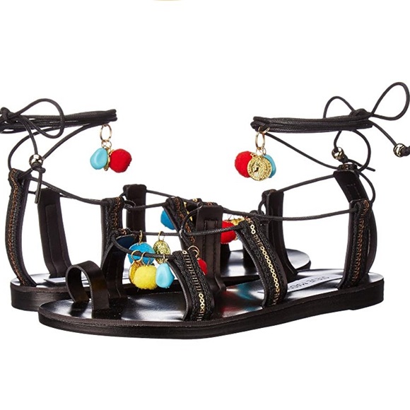 Steve Madden Cailin Black Gladiator Sandals with poms - Picture 1 of 4